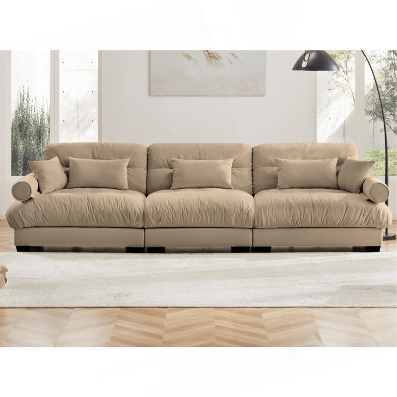 Très grand canapé en velours moderne à 3 places, canapé surdimensionné, siège confortable et dossier confortable, avec coussins de taille et coussins décoratifs, chameau