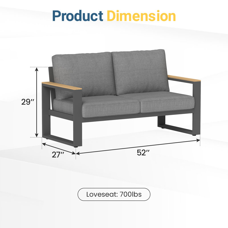 Brandtley 52'' Wide Aluminum Loveseat with Cushions, Gray