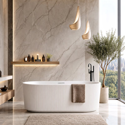 Baignoire autoportante ovale cannelée de 67 pouces, baignoire profonde en acrylique moderne avec extérieur à nervures verticales, dossier incliné ergonomique, trop-plein linéaire, drain pour salle de bain résidentielle