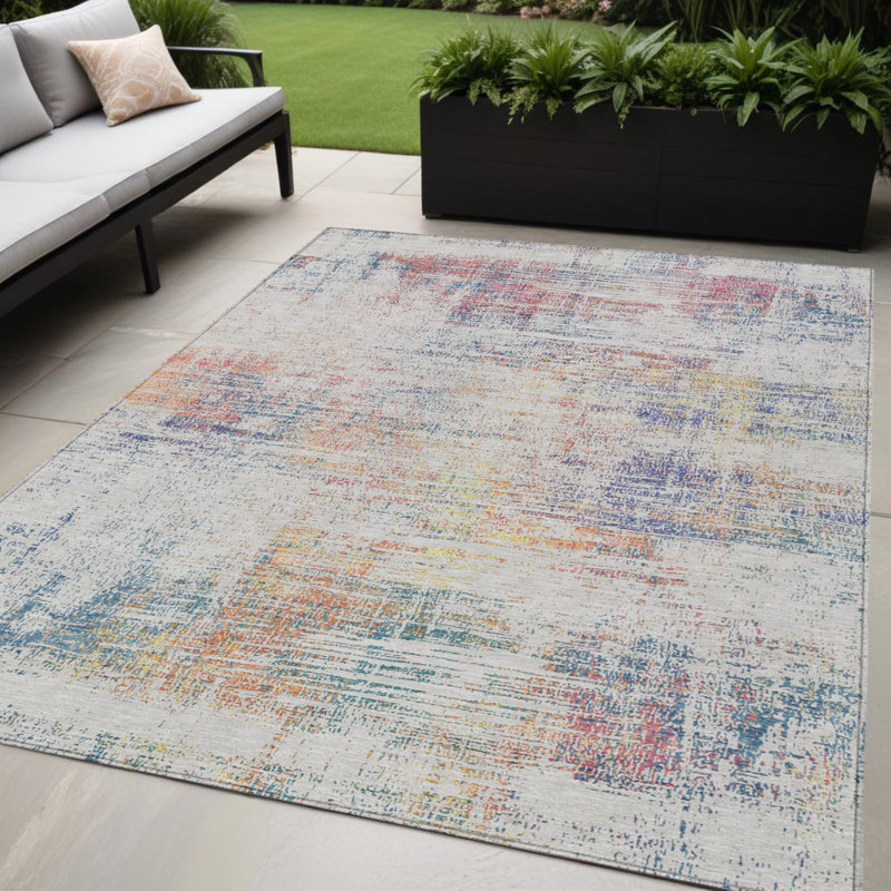 Tapis extérieur lavable abstrait ivoire 5 pi x 8 pi orange et rosé