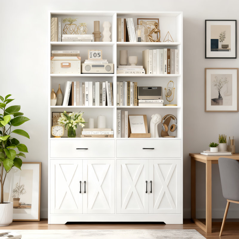 78.7" Tall Bookcase with 2 Drawers, X-Doors, White