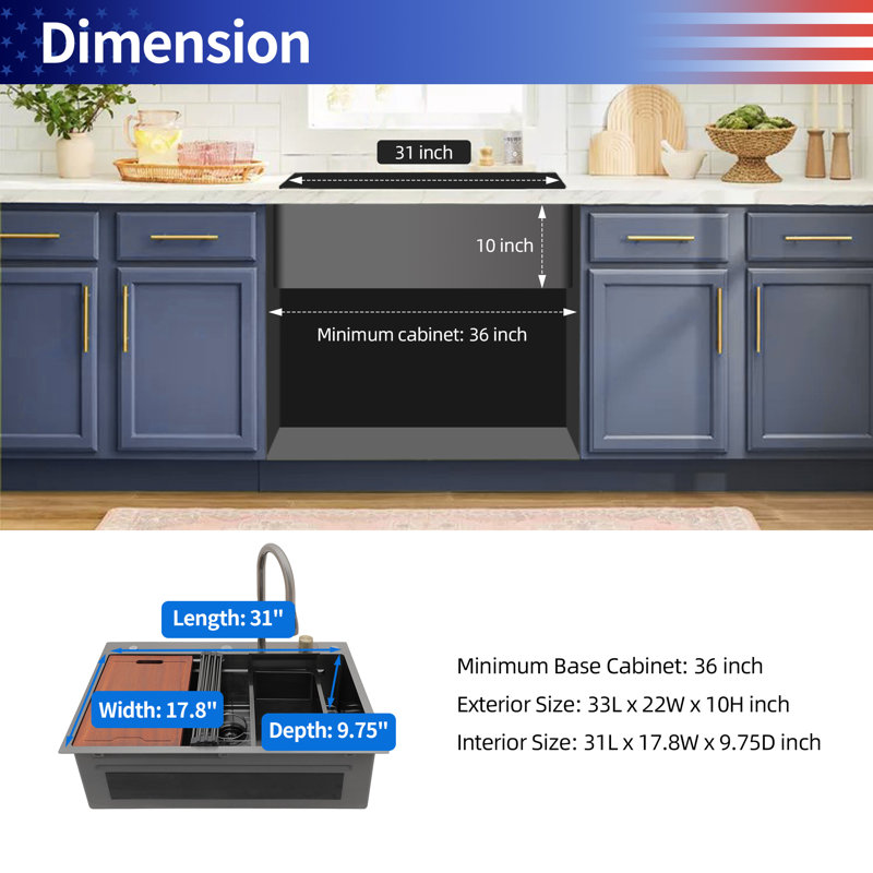 Drop-in Single Bowl Stainless Steel Workstation Kitchen Sink with Pull-out faucet, Glass rinser
