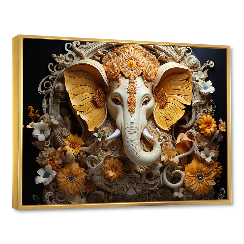 «Hindu Ganesha Elephant Dog Curmeric Tints I - Hinduism», art encadré, Reproduction avec cadre flottant, Gold
