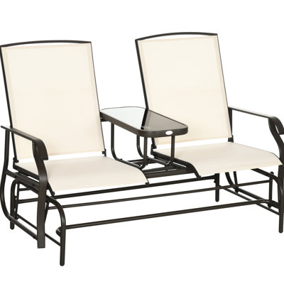 Banc à bascule avec table centrale - Tissu beige. Structure en acier pour jardin. Double espace de détente. Poids total : 330 kg. Dimensions : 145 cm (l) x 79 cm (p) x 102 cm (h). Table d'extérieur centrale en métal.