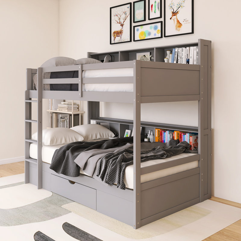 Lit superposé simple au-dessus de simple avec cadre en bois avec tablettes intégrées et tiroir de rangement, Gris