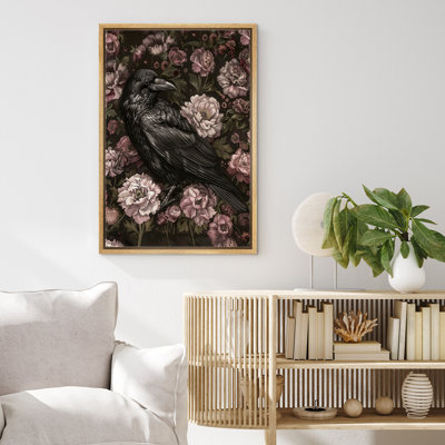 Animals In Flowers " Black Crow Raven Moody Gothic Animals Dark Floral Botanical Artwork Paintings "