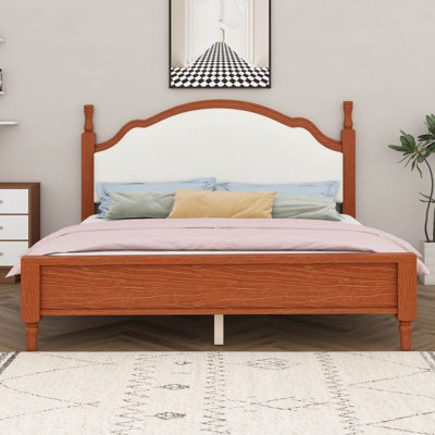 Wood Platform Bed With Upholstered Headboard, Sturdy Pine Wood Frame