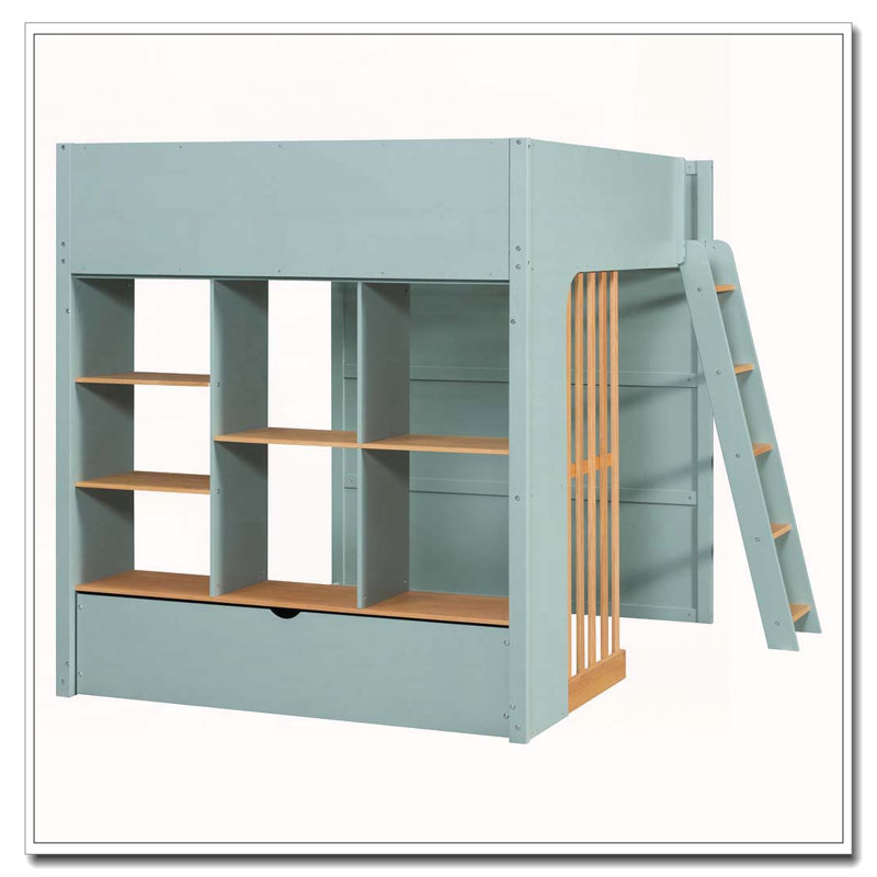 Lit mezzanine avec tablettes, lit mezzanine en bois avec échelle et tablettes de rangement, Full, Mint Green + Natural Oak