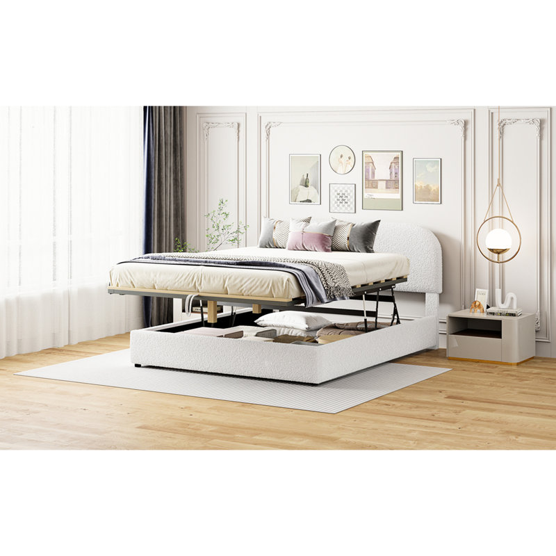 Lit tapissier hydraulique blanc avec rangement pour grand lit - plateforme en molleton avec revêtement élégant, Grand lit