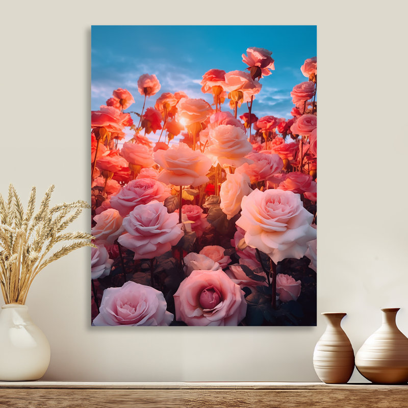 Décoration murale rose, champ rose, coucher de soleil - roses, Métal métal, H 40 po x l 30 po x P 1,5 po