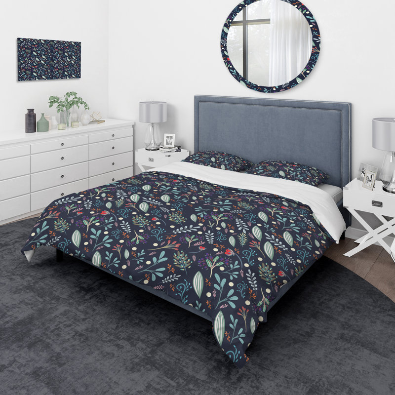 Sparkling Forest Leaves on Dark Blue - Eclectic Nature Duvet Cover Set - Microfiber Polyester, Twin Duvet Cover + 1 Sham