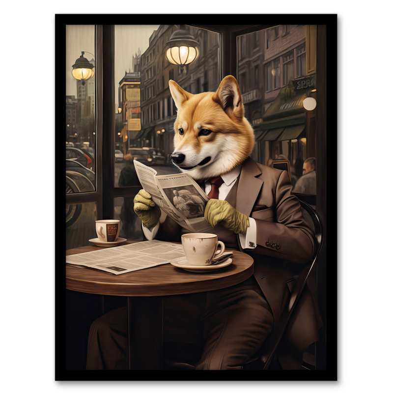Shiba Inu Coffee Shop Cafe Reading Newspaper Formal Dress - Single Picture Frame Print