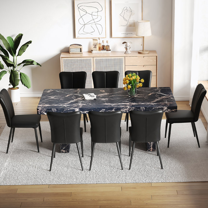 Ensemble de table de salle à manger luxueuse à motif de marbre noir, 78,7 x 39,4 pouces, avec 8 chaises ergonomiques en polyuréthane