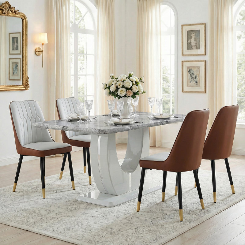 5-Piece Modern Rectangular 63" Faux Marble Dining Table Set with Upholstered Chairs, White/Brown, Gray
