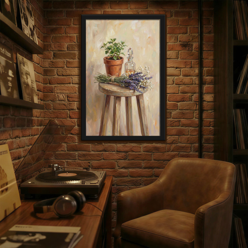 Nature morte aux plantes et fleurs avec lavande et plante en pot, H 30 po x l 20 po