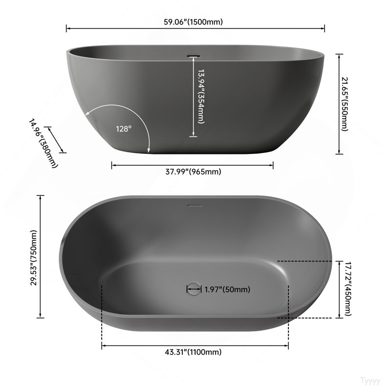 Baignoire de trempage à surface solide de 59 pouces - Baignoire profonde autoportante, Gris mat