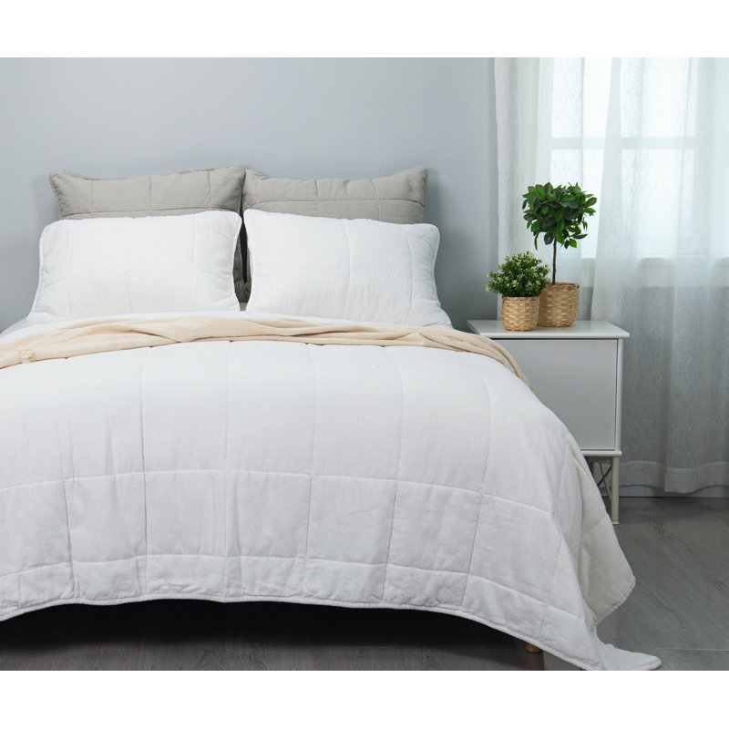 Stone Washed Linen Blend Box Stitch Quilt and Pillow Shams Set, Off White, Queen Quilt + 2 Shams
