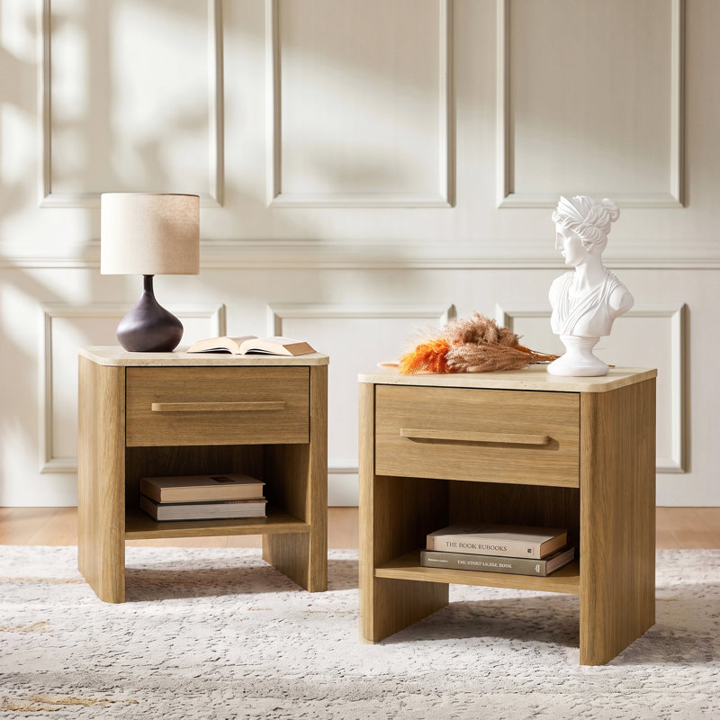 Table de chevet 1 tiroir H 18,9 po avec plateau en travertin et rangement ouvert Bramwell (ensemble de 2)