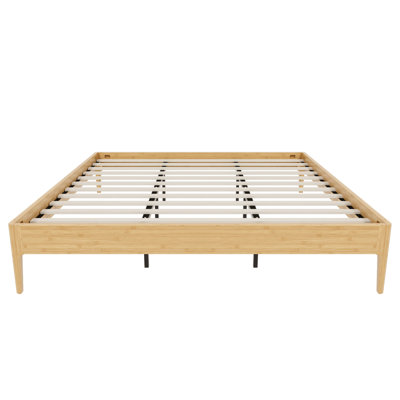 Structure de lit plateforme en bois de bambou sec massif de 15 pouces de hauteur, avec support en lattes de bois, style moderne et minimaliste, aucun sommier requis, assemblage facile, naturel