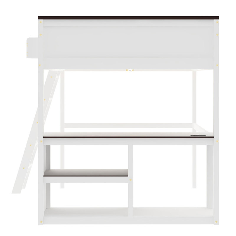 Grand lit mezzanine avec bureau, tablette ouverte et boîte de rangement, station de charge USB, blanc