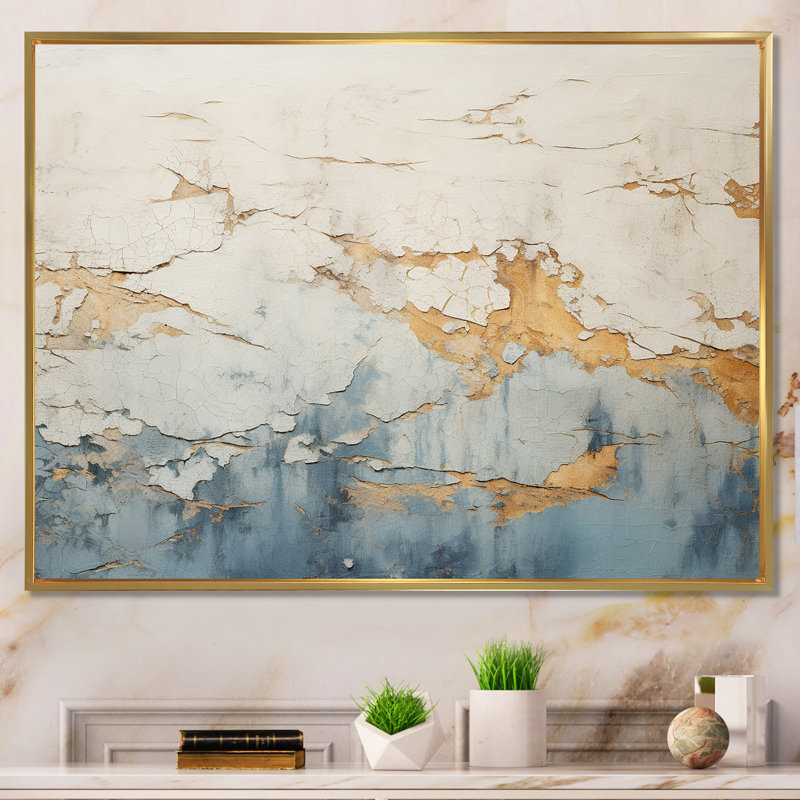Or et peinture bleue fusion - peinture murale abstraite, Cadre flottant doré, H 12 po x l 20 po x P 1 po