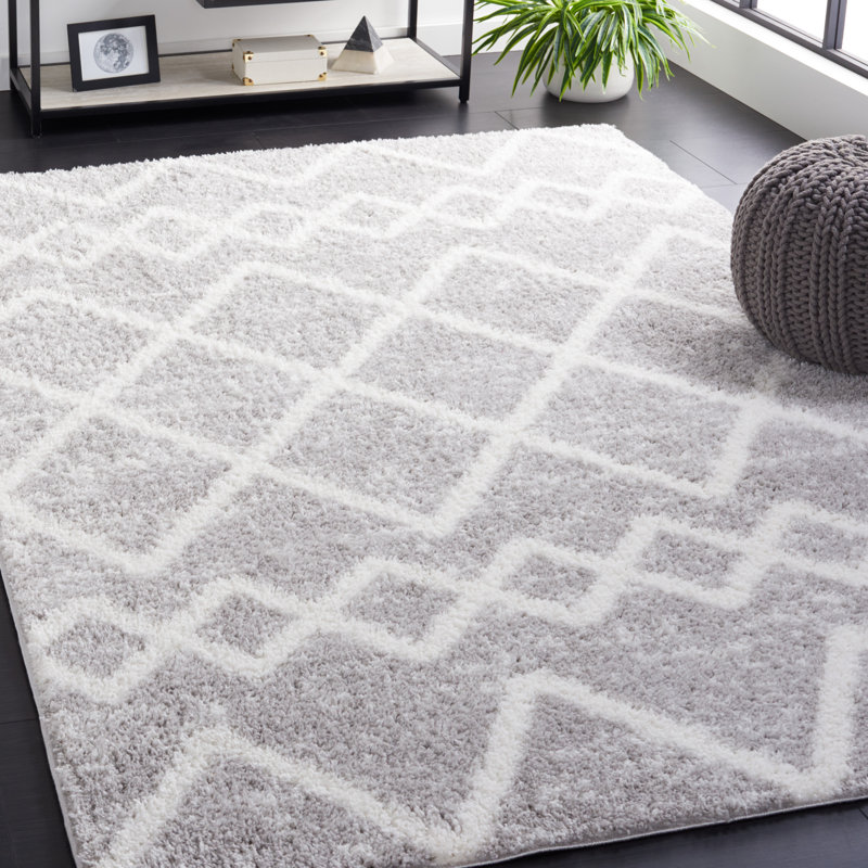 Grey and Ivory Geometric Shag Area Rug 4'5" x 6'5"