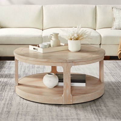Grande table basse de 40 pouces à 2 niveaux, ronde et ronde, centre rond en bois, table ronde avec roulettes, table de style rustique Mid-Century