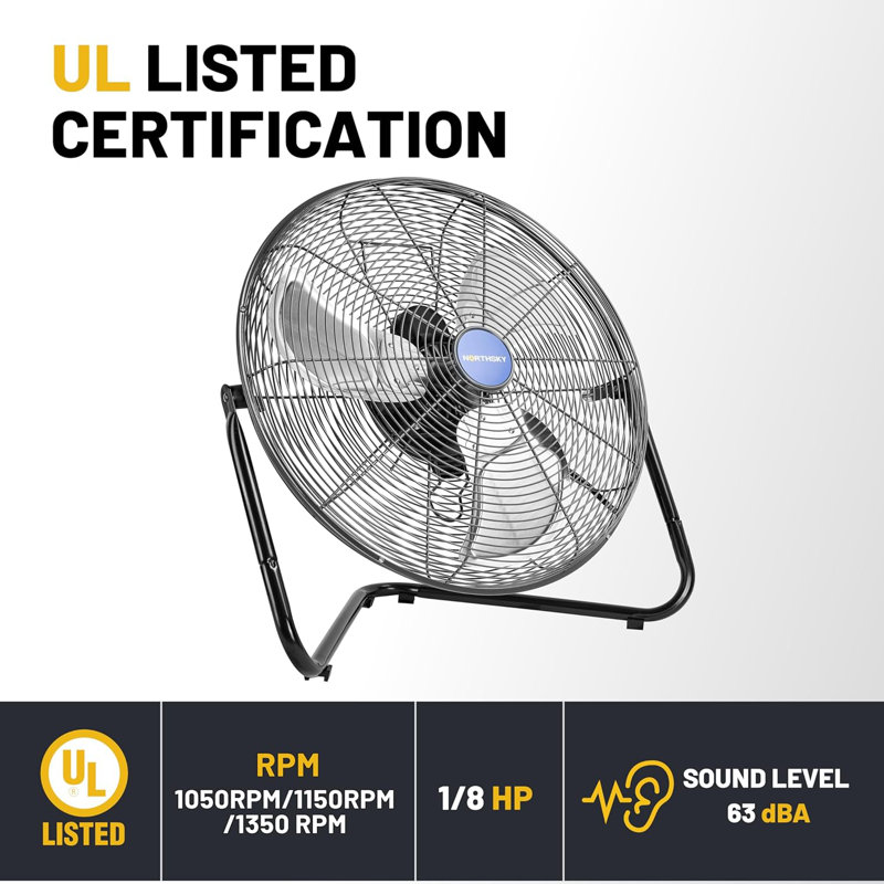 Ventilateur de sol de 18 po, ventilateur industriel de 3200 pi³ / min, 3 vitesses, grille de sécurité en acier durable, 1/8 hp, frappé à 360 °, pour fabrication, construction, entreposage avec certification de sécurité UL
