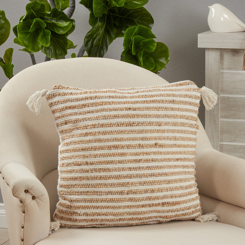 Beige and White Striped Cotton Tassel Throw Pillow