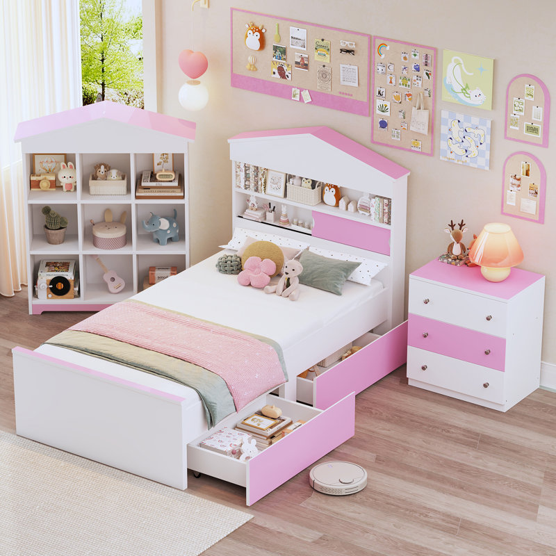 Ensemble de chambre à coucher 3 pièces, Rose / blanc