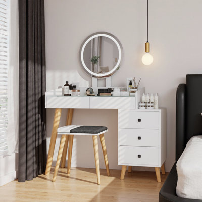 31" Glass-Top Vanity – 3-Color LED Mirror, Slide-Out Side Table, 5 Deep Drawers, USB-Powered Lights, Faux-Leather Stool, Modern White Finish