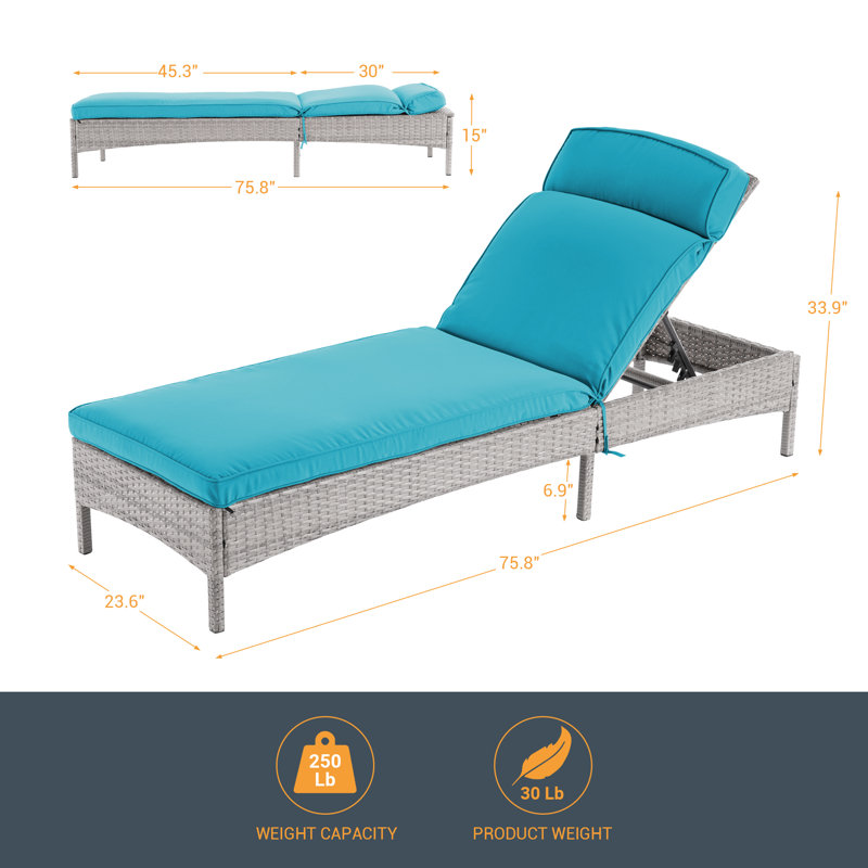 Chaise de patio inclinable en rotin et coussin hydrofuge réglable pour la cour, la piscine et la plage, bleu lac, Bleu lac