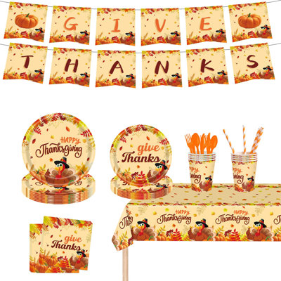 401 pièces de fournitures de fête citrouille d'automne, assiettes en papier jetables, tasses, serviettes de table, couverts et nappe pour la récolte de l'Action de grâce