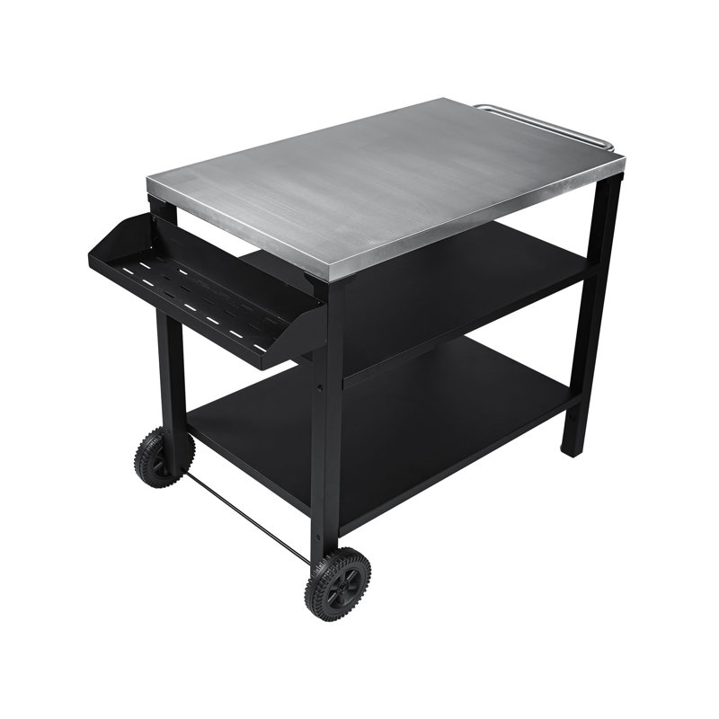 3-Tier Outdoor Grill Cart With Stainless Steel Top & Side Shelf, Movable BBQ Prep Table With Wheels, Rolling Serving Bar Cart For Patio, Backyard, Pizza Oven Stand, Black