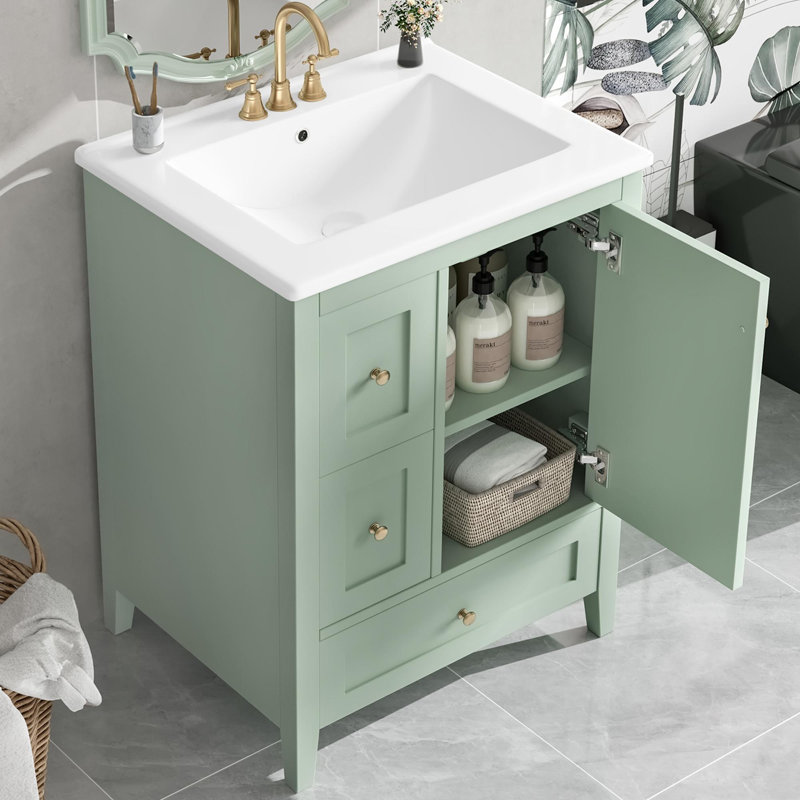 Meuble-lavabo de 24 po avec rangement, Vert / doré