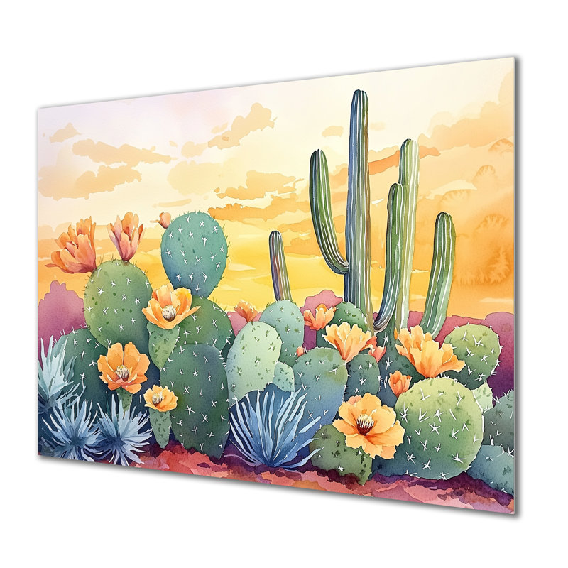 Cactus Landscape At Sunset II - Floral Metal Wall Decor, Floral Cactus Metal Print, 16" H x 32" W
