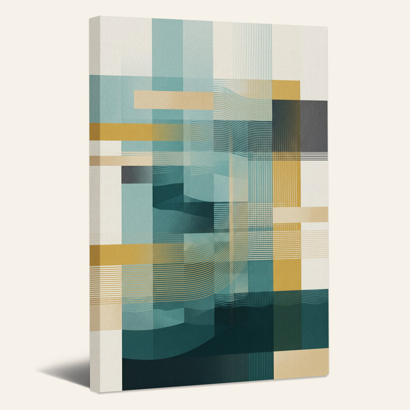 Tableau sur toile aux lignes géométriques turquoise et or, H 48 po x l 36 po