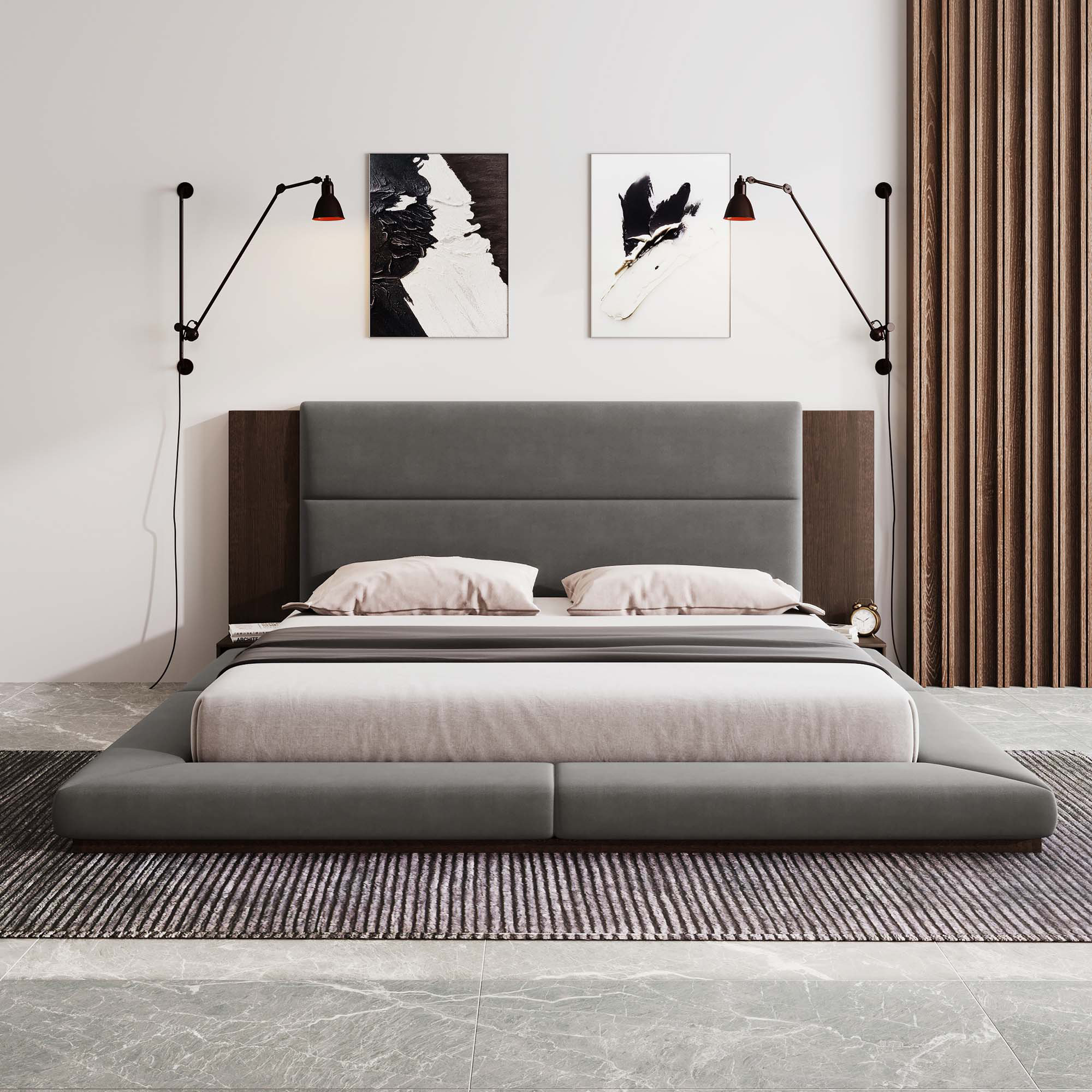 Floor Upholstered Platform Bed with Bedside Shelf