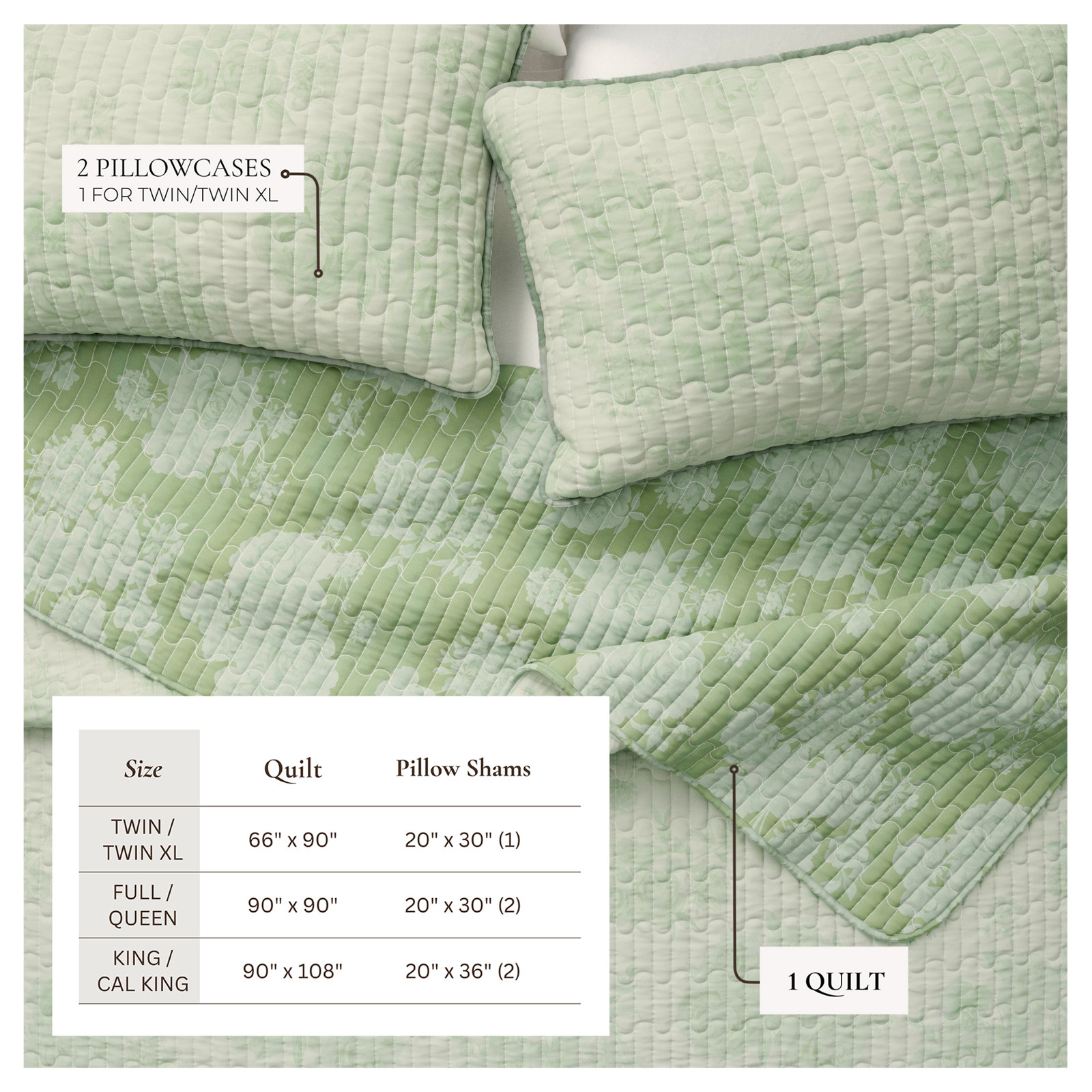 Reversible Cotton Quilt Set, Full Quilt + 2 Standard Shams, Eucalyptus Floral