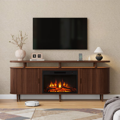 70" Fluted TV Stand with 23" Electric Fireplace, Sliding Tambour Doors, RGB LED Lights and Storage for TVs up to 80"