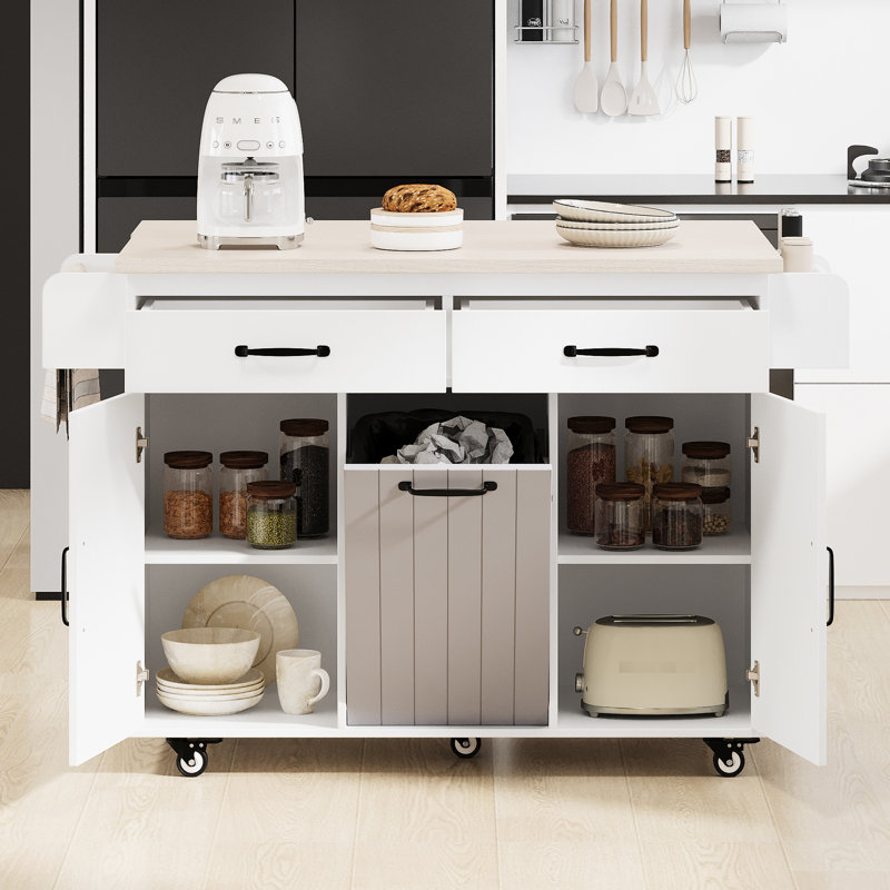 Kitchen Island With Trash Can Storage, Drop Leaf, Spice Rack, Towel Adjustable Shelf, Rolling On Wheels, White Drawers And Cabinets, Leaf Counter, Space, Shelf