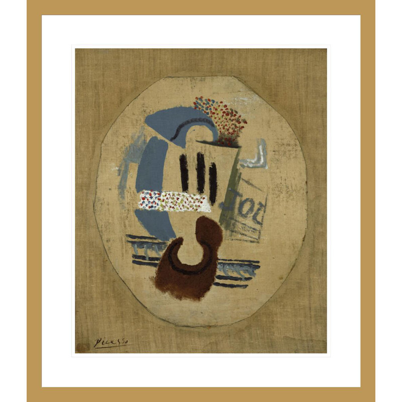 Nature morte (verre à vin et journal) par Pablo Picasso - estampe numérique encadrée, H 27,11 po x l 23,5 po