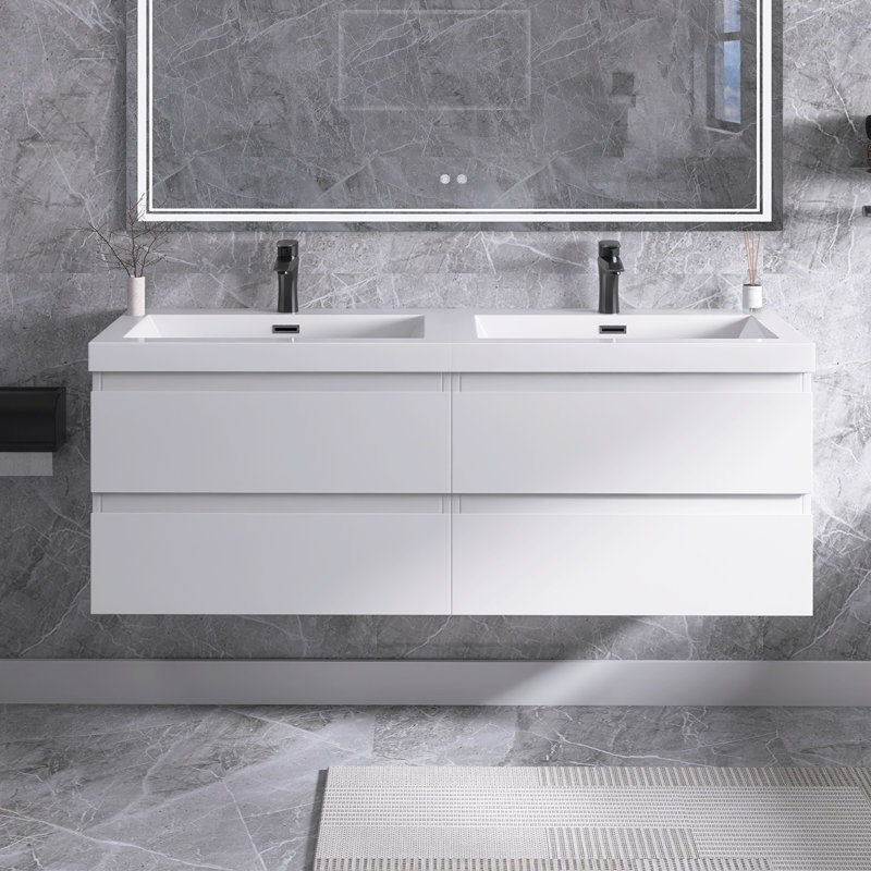 Meuble-lavabo double 60 po avec plateau en résine Princeton, Blanc