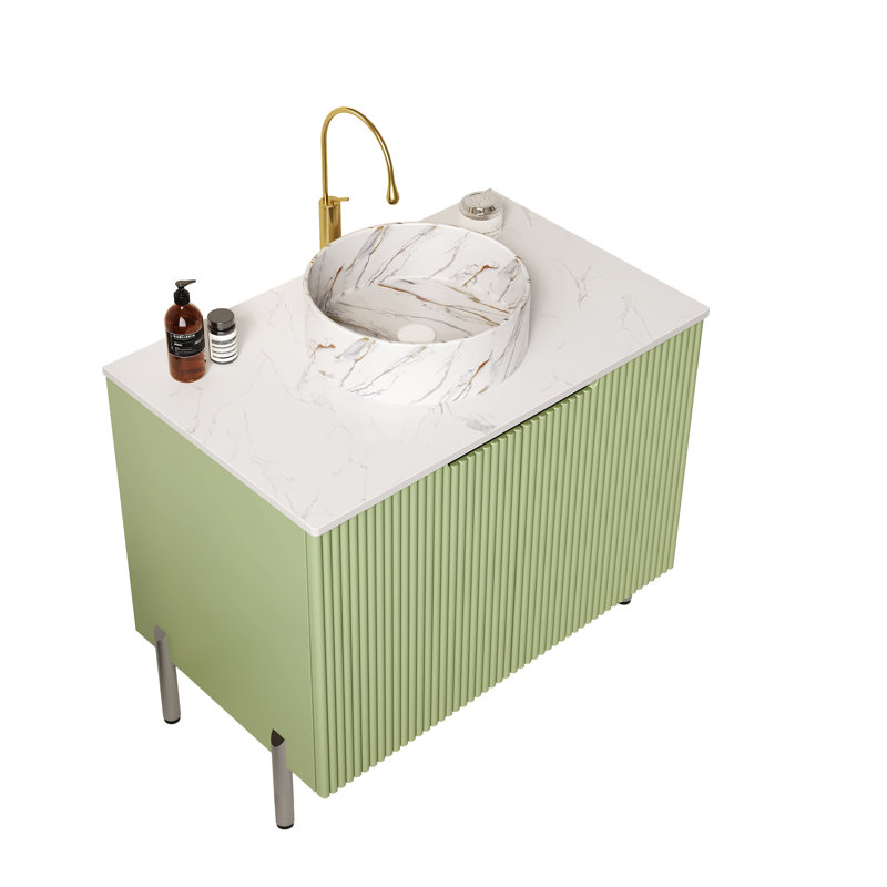 Meuble-lavabo autoportant de 30 po, lustre, lavabo rond en céramique blanche avec motif en pierre, comptoir, 2 portes d'armoire et mécanisme de fermeture silencieuse pour meuble-lavabo avec comptoir, rangement de porte