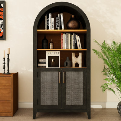 63" Tall Arched Storage Cabinet, Modern 5-tier Arched Bookcase With Ratten-wooden Door, Arched Bookshelf Cabinet With Open Display Storage Shelf For O by Lark Manor