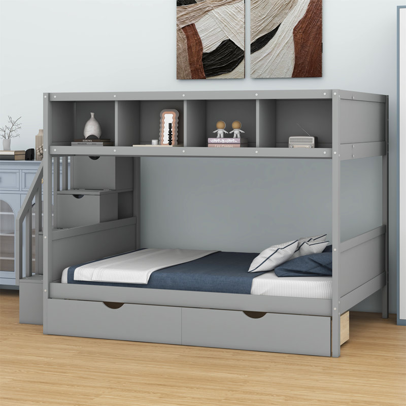 Lit superposé avec tablettes, escalier de rangement et 2 tiroirs, Gris