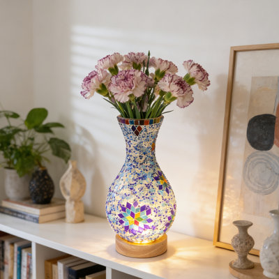 Lampe de table en verre teinté rétro en mosaïque avec lumière DEL tricolore (fleurs non incluses)