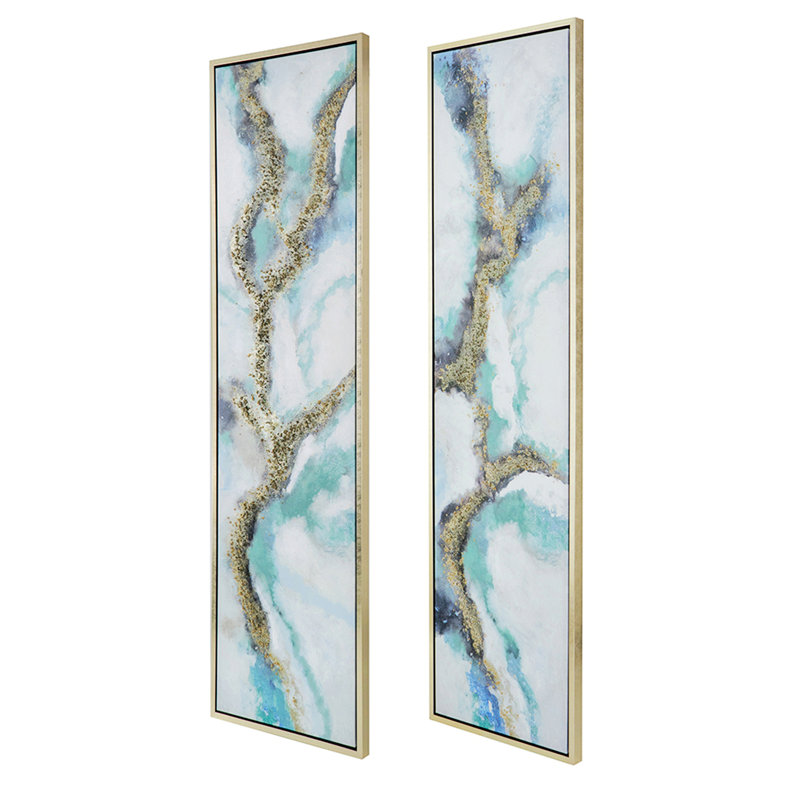 Elongated Blue and Gold Abstract Canvas Wall Art Set