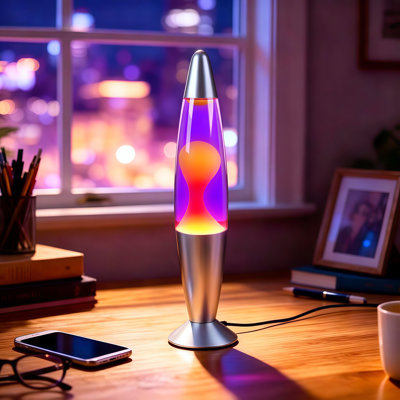 Lampe de lave enfichable 16 pouces, coquille argentée mauve avec cire jaune, lumière d'ambiance décorative liquide en aluminium à base de cire de verre