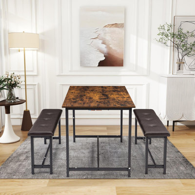 Ensemble de table de salle à manger Farmhouse 3 pièces pour 4 personnes - Petite table de cuisine avec 2 bancs rembourrés, bois rectangulaire et métal